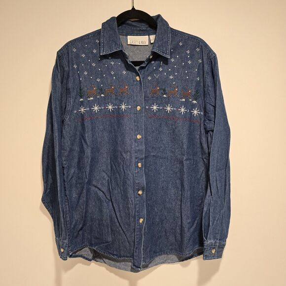 Vintage Casey and Max Denim Shirt Christmas Womens Medium Embroidered Reindeer - Picture 1 of 8